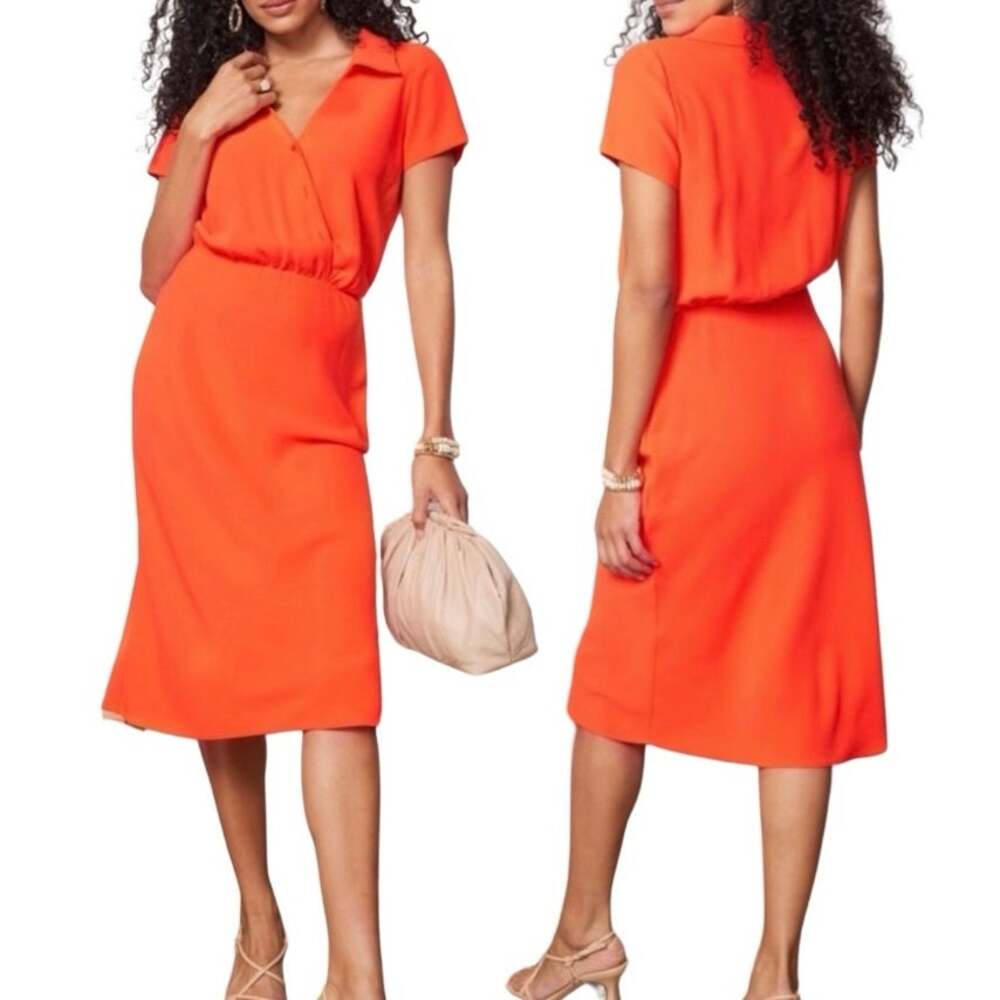 Amanda Uprichard size M Reya Faux Wrap Collared Satin Midi Dress Orange